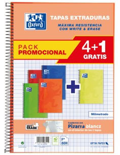 Paq 5 cuaderno espiral fº 80h 90g milimetrado c m tapa extradura colores surtidos